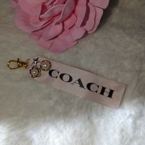 COACH Pale Pink Ribbon Key Chain Bag Charm With Pearls And Star Stud Upcycled